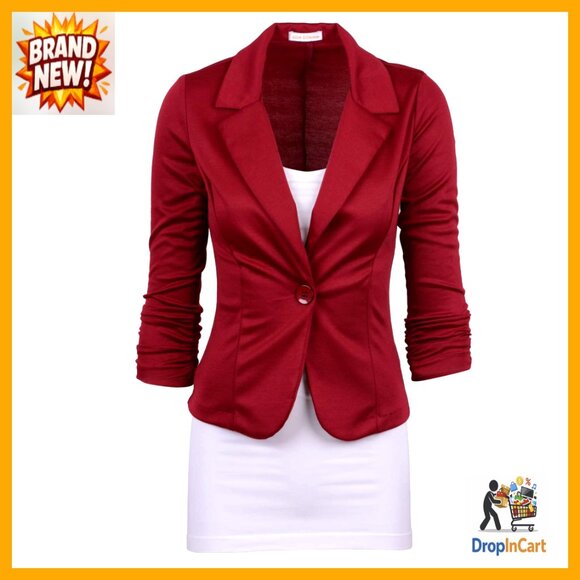 Casual Knit Blazer Stretchy 3/4 Sleeve Notch Collar Work Wear Chic